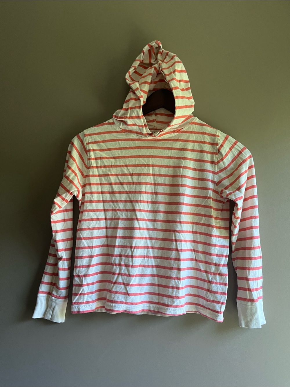 Crewcuts Coral and White Striped Hooded Tee shirt 8-9 medium J Crew kids